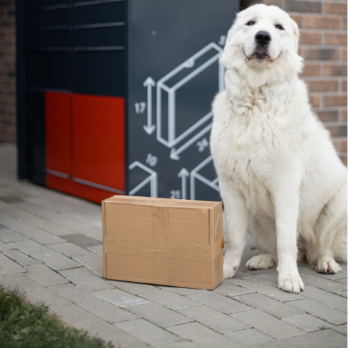 labrador dog sitting on street protecting a box